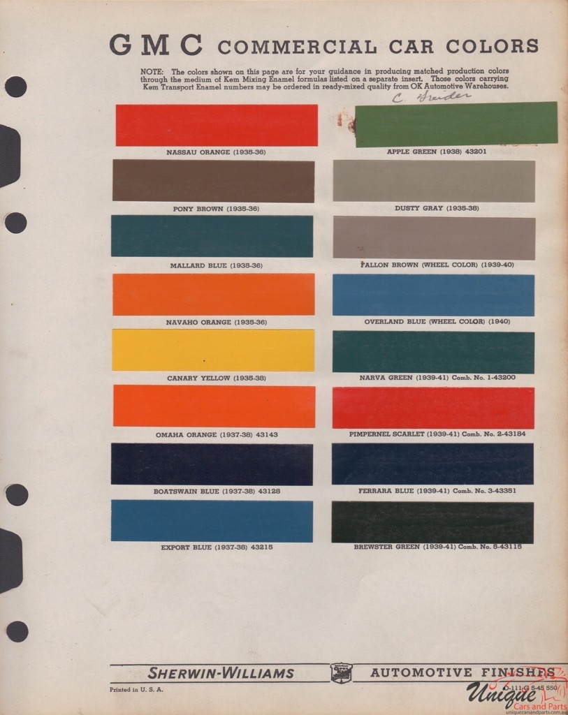 1940 GMC Paint Charts Williams 1